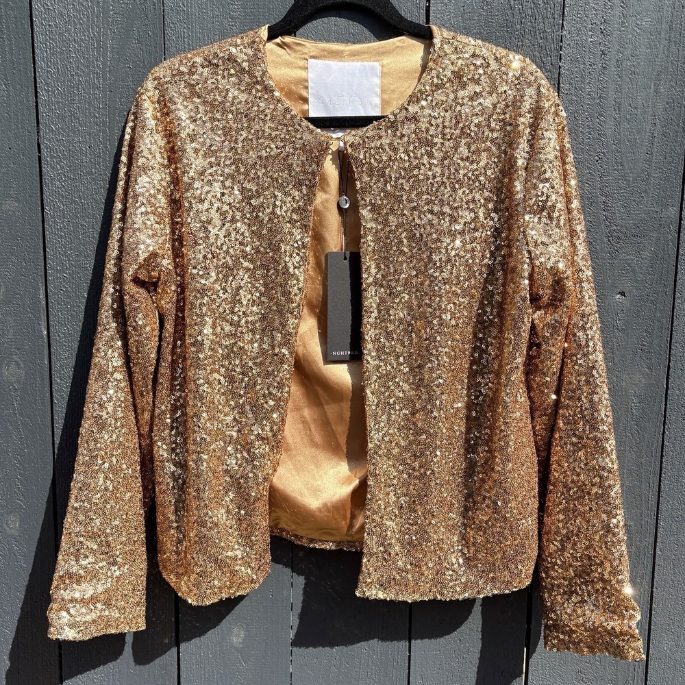 NGHTBRD Sequin Open Front Jacket Small Holiday Party Glam Formal NYE Gold NEW